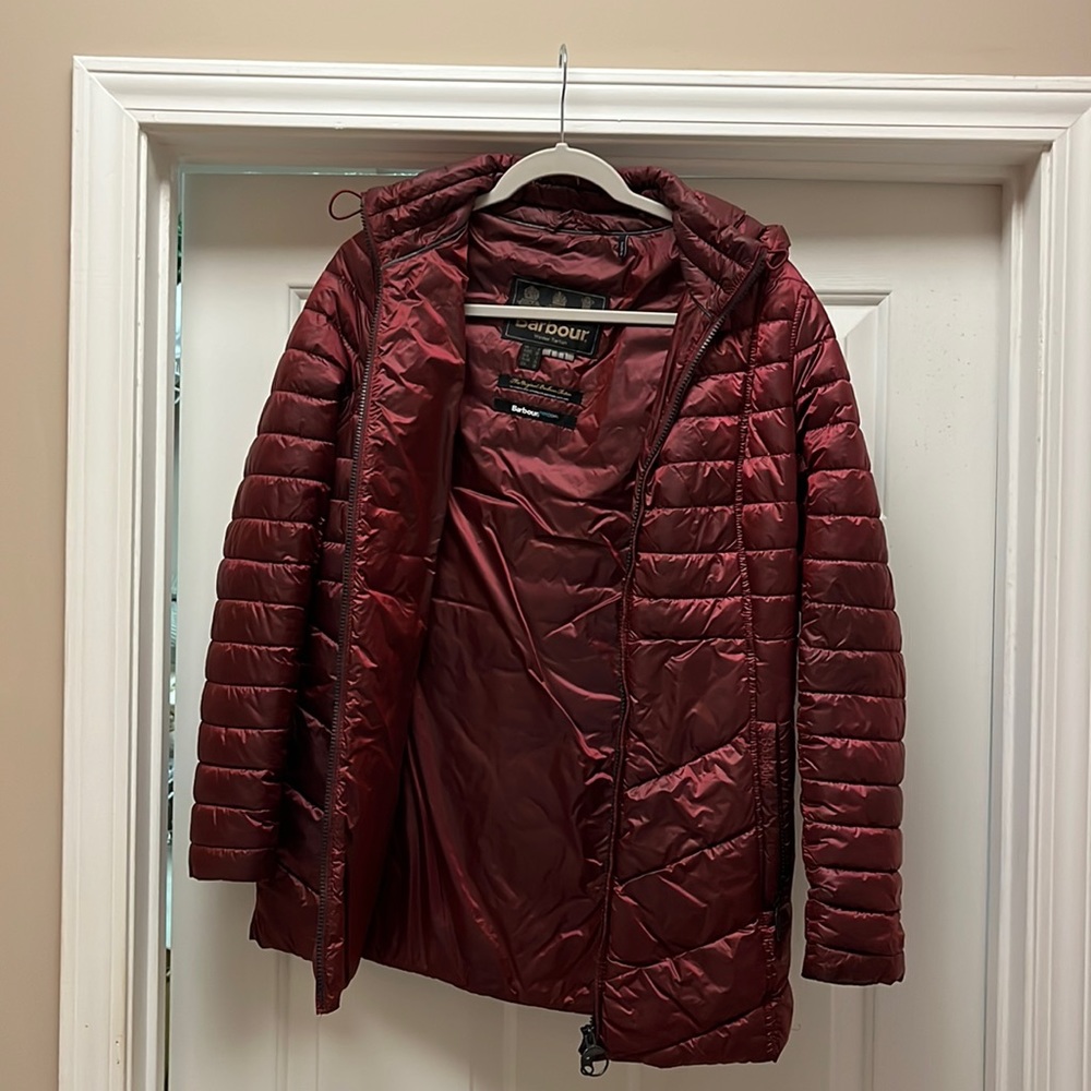 Plum colored Barbour puffer jacket. Like new condition